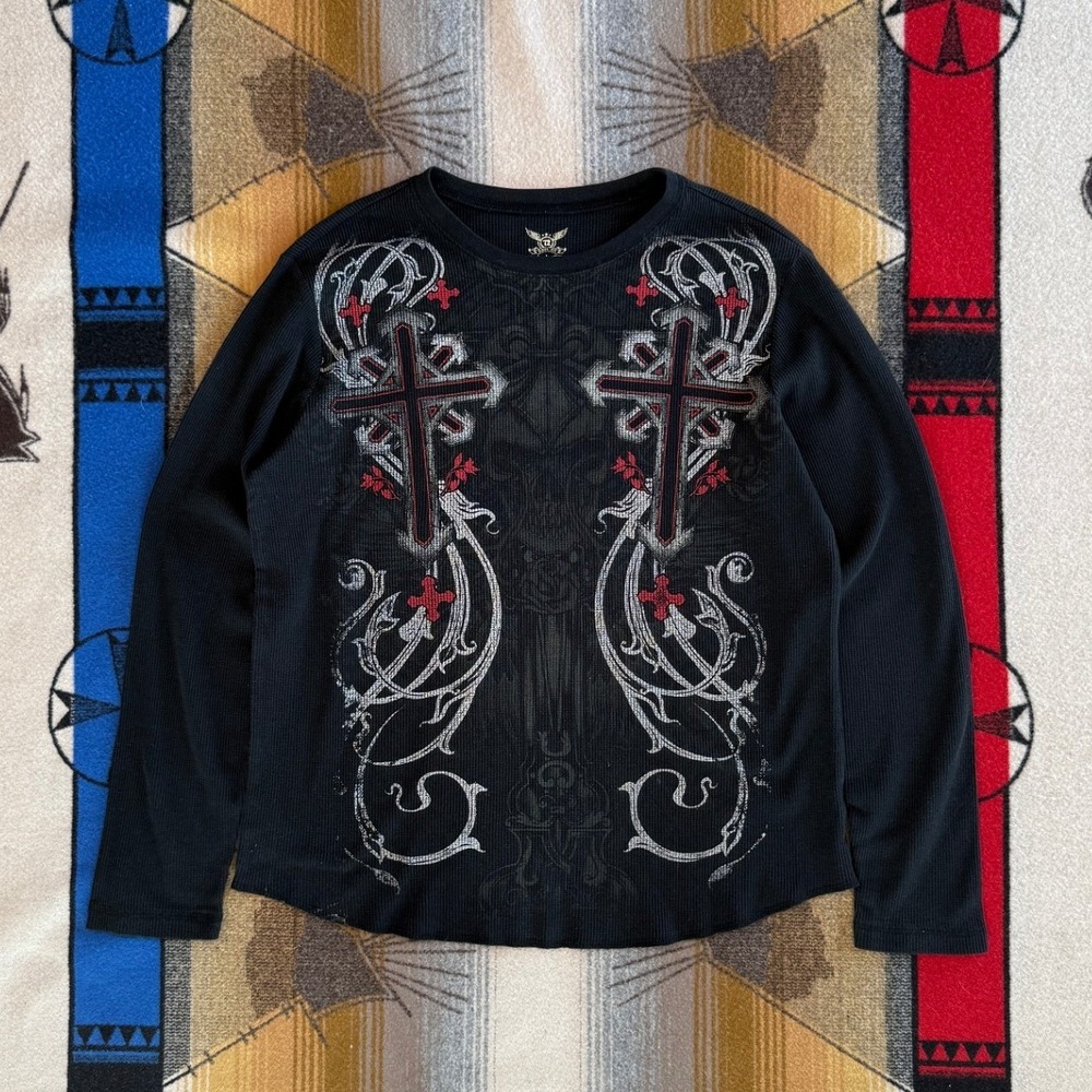Raw State Mens Black Waffle Knit Gothic Cross Graphic Thermal Long Sleeve Shirt